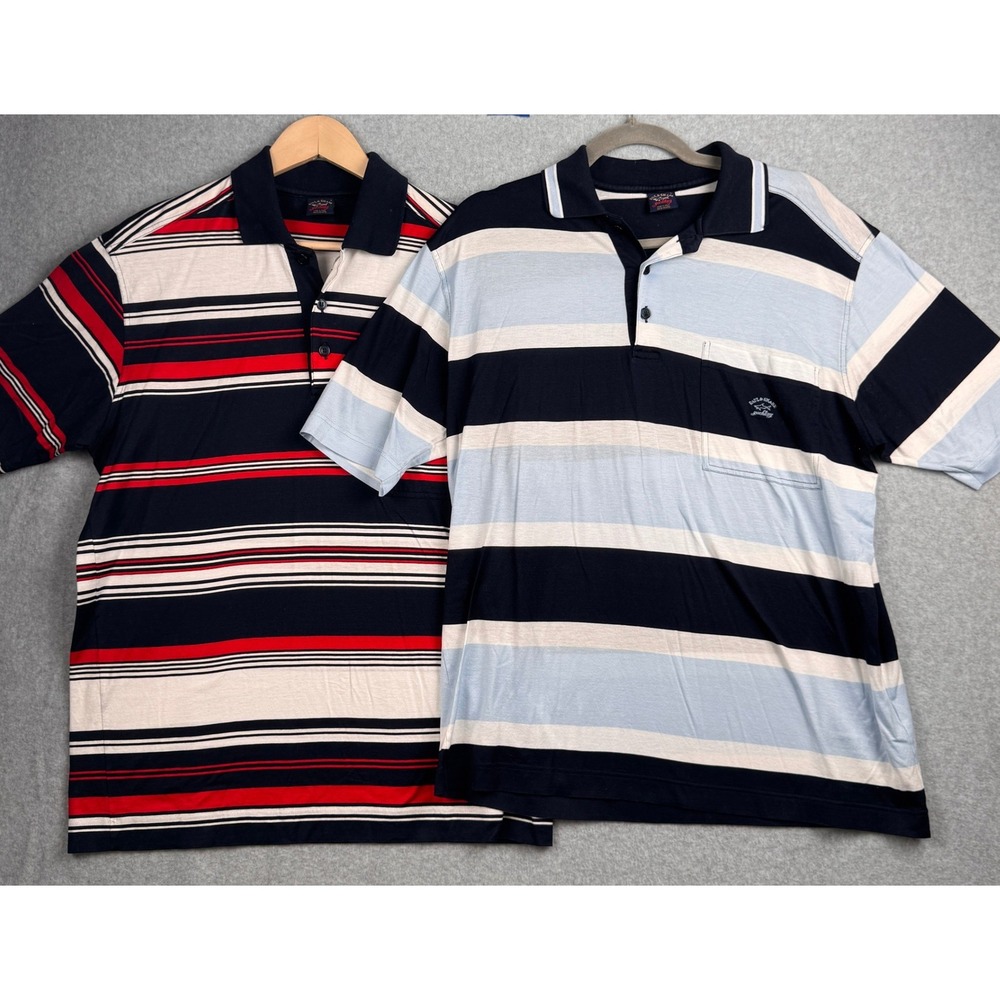 Paul & Shark Polo Shirt LOT x 2 Mens Large Blue Red Stripe Yachting Italy Preppy